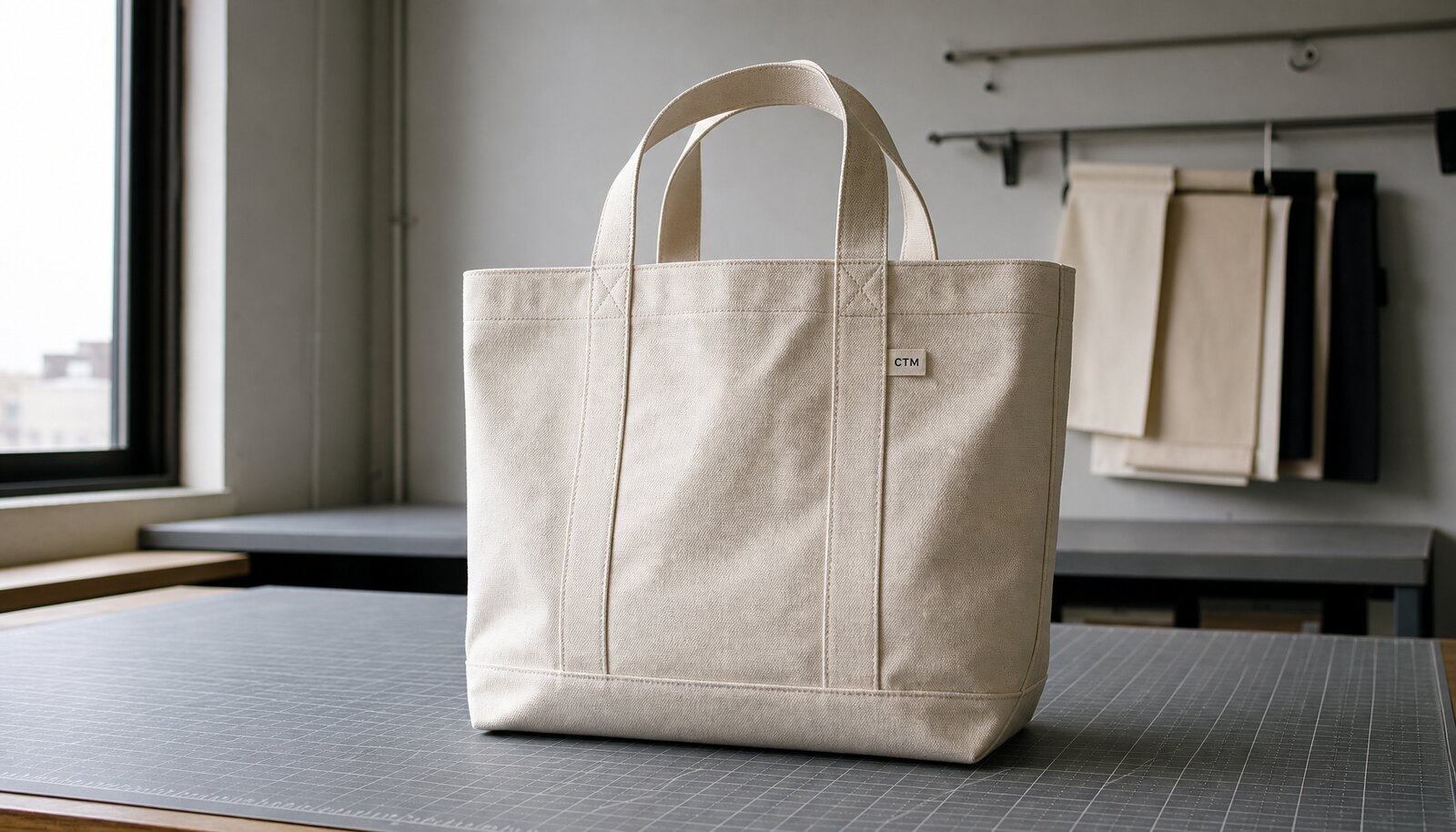Heavy canvas tote bag with a simple CTM sample logo printed directly on the bag in a clean factory sample room