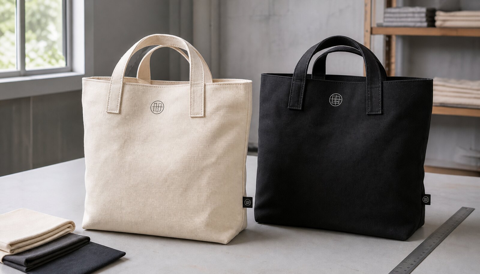 Heavy canvas tote bags with a simple CTM sample logo in a clean factory sample room