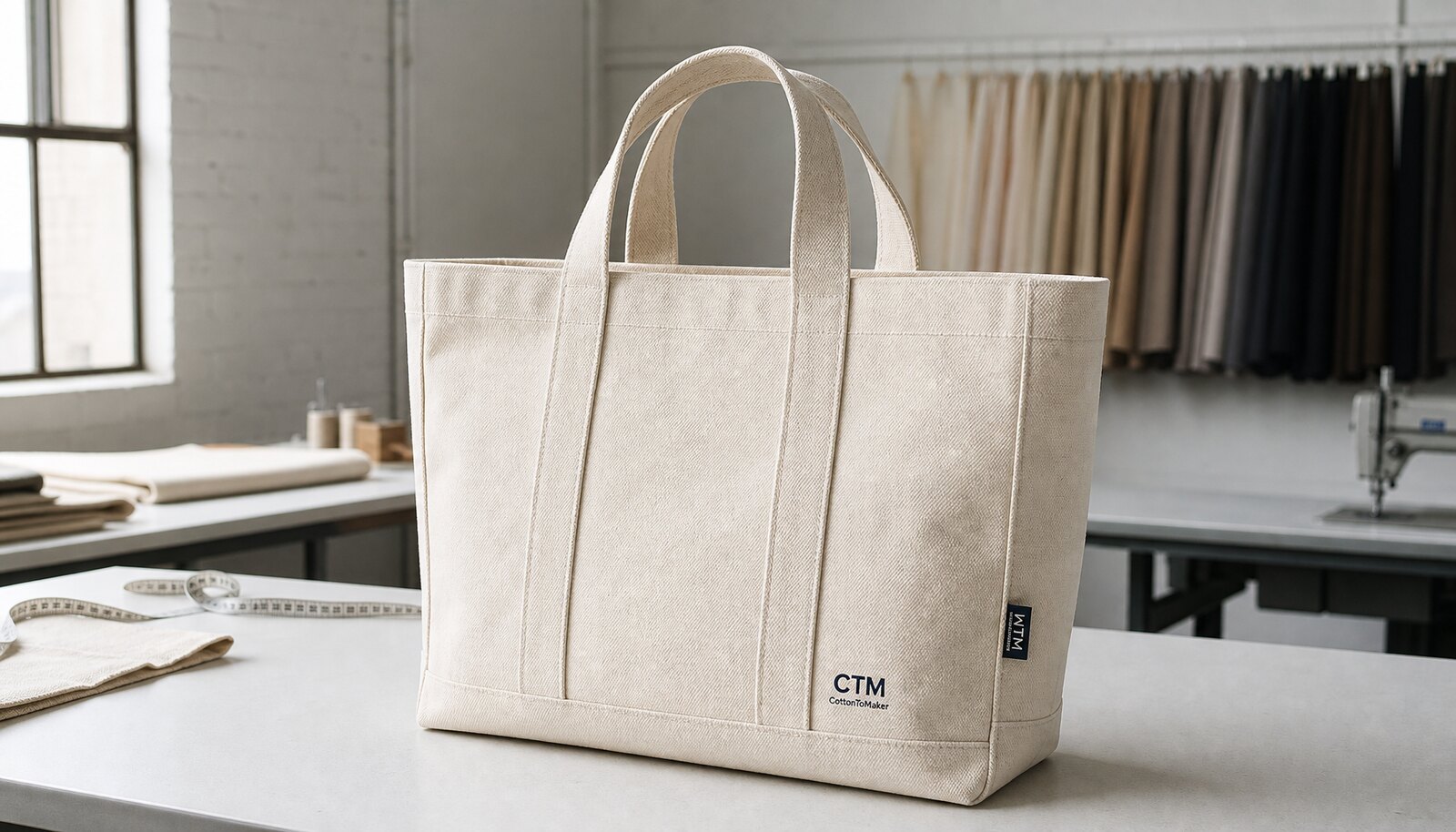 Heavy canvas tote bag with a simple CTM CottonToMaker logo printed on the front in a clean factory sample room