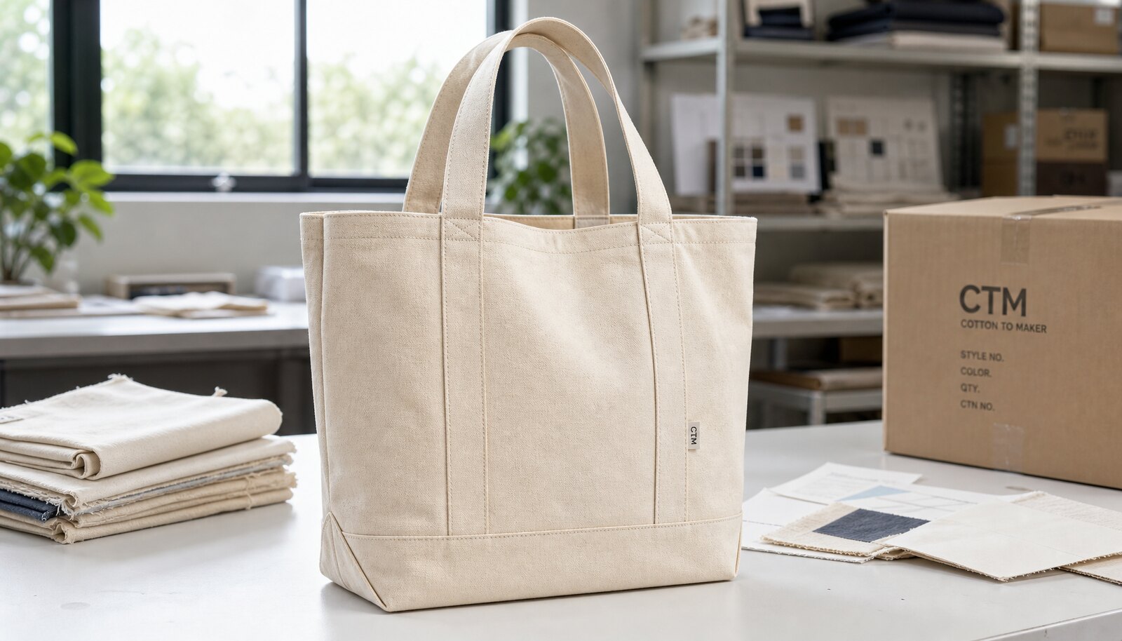 Heavy canvas tote bag with a simple CTM/CottonToMaker sample logo in a clean factory sample room.