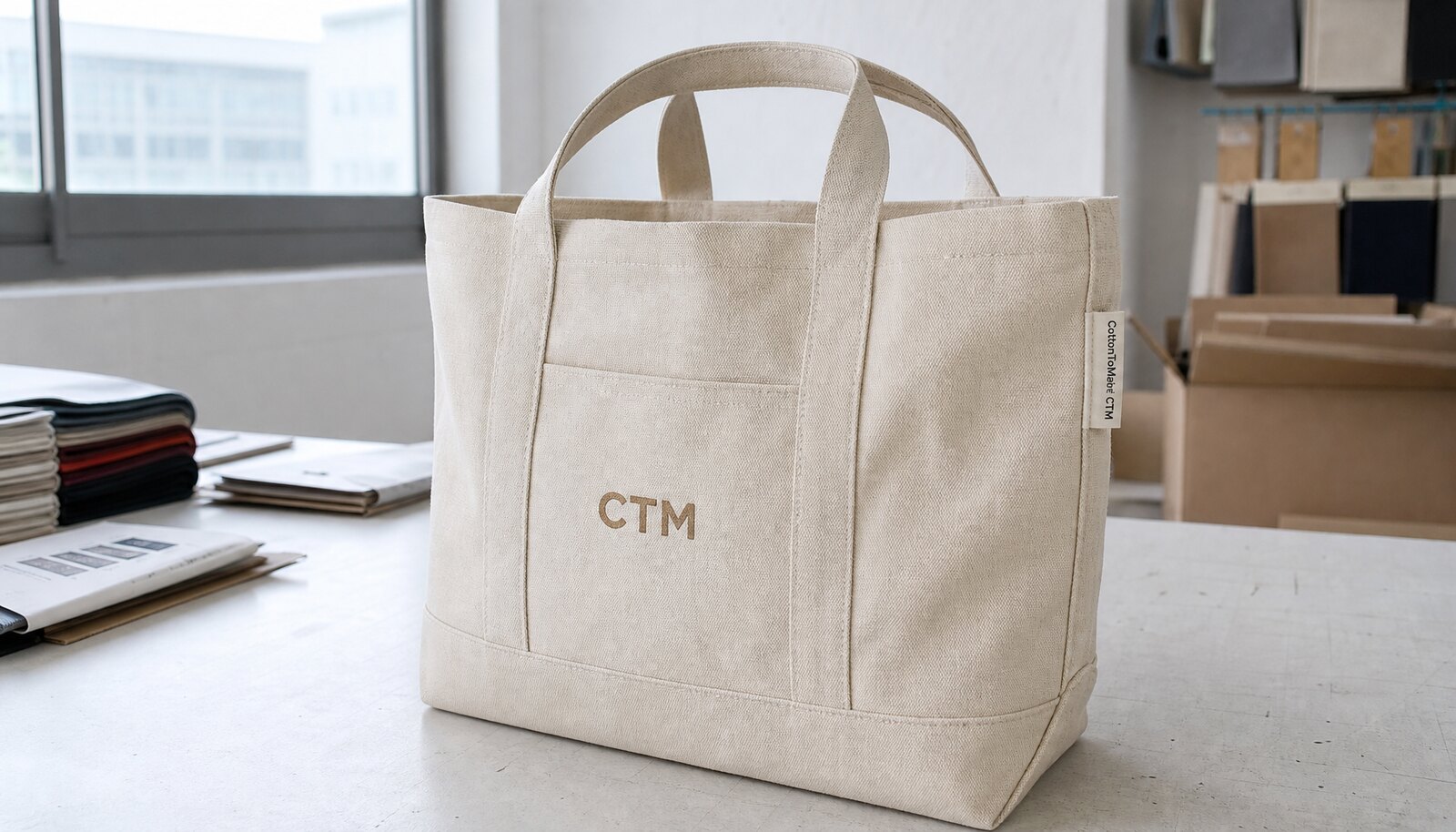 Heavy natural canvas tote bag with a sewn CottonToMaker side label in a factory sample room
