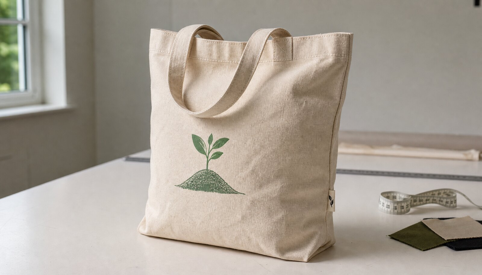 Heavy natural canvas tote bag with a small CTM CottonToMaker woven side label in a factory sample room.