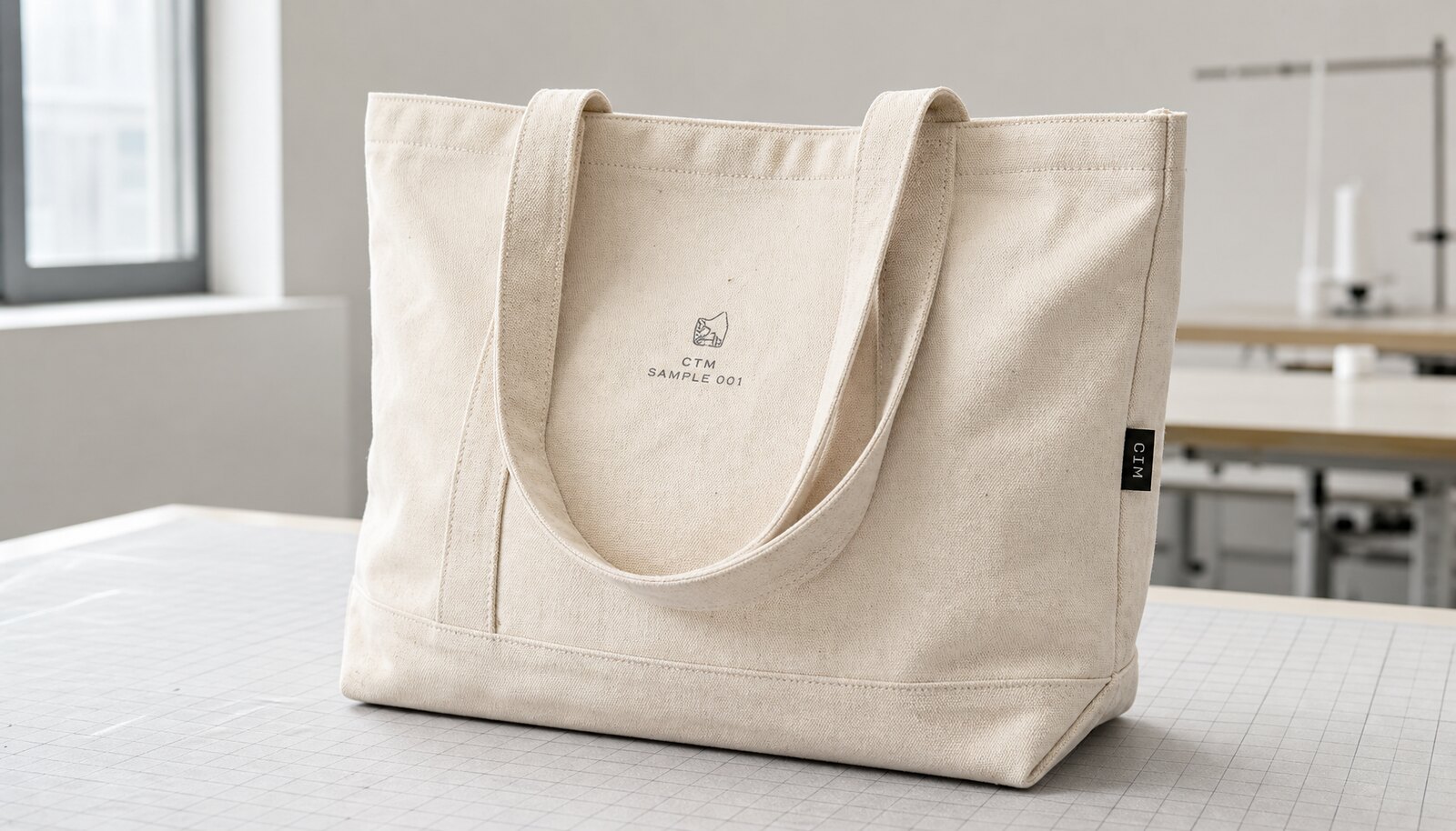 Heavy canvas tote bag with a simple CTM sample logo shown in a clean factory sample room