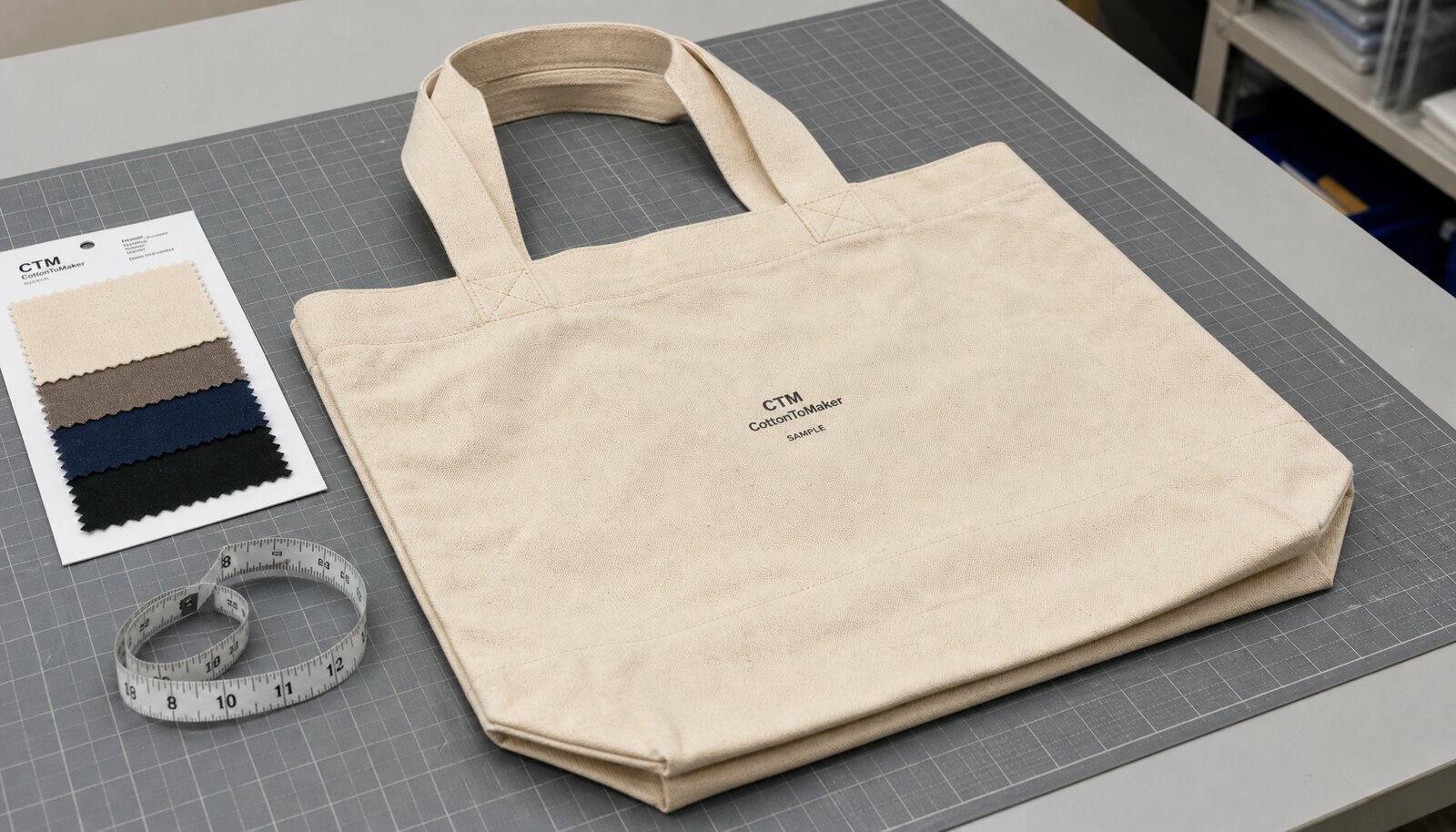 Heavy canvas tote bag with a simple CTM sample logo printed on a natural canvas bag in a factory sample room.