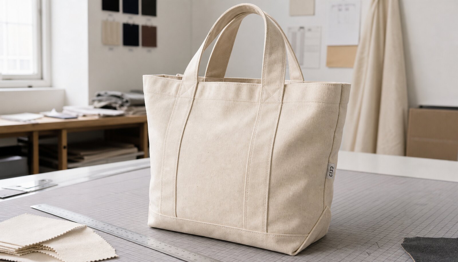 Heavy canvas tote bag with a simple CTM sample logo in a factory sample room