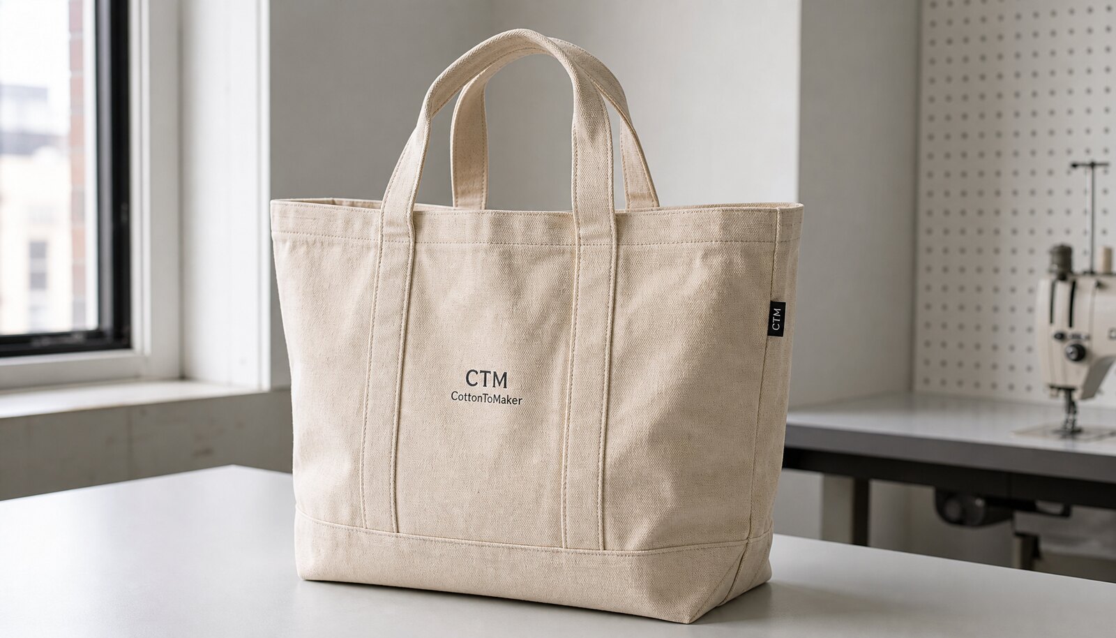 Heavy canvas tote bag with a simple CTM / CottonToMaker sample logo shown in a factory sample room