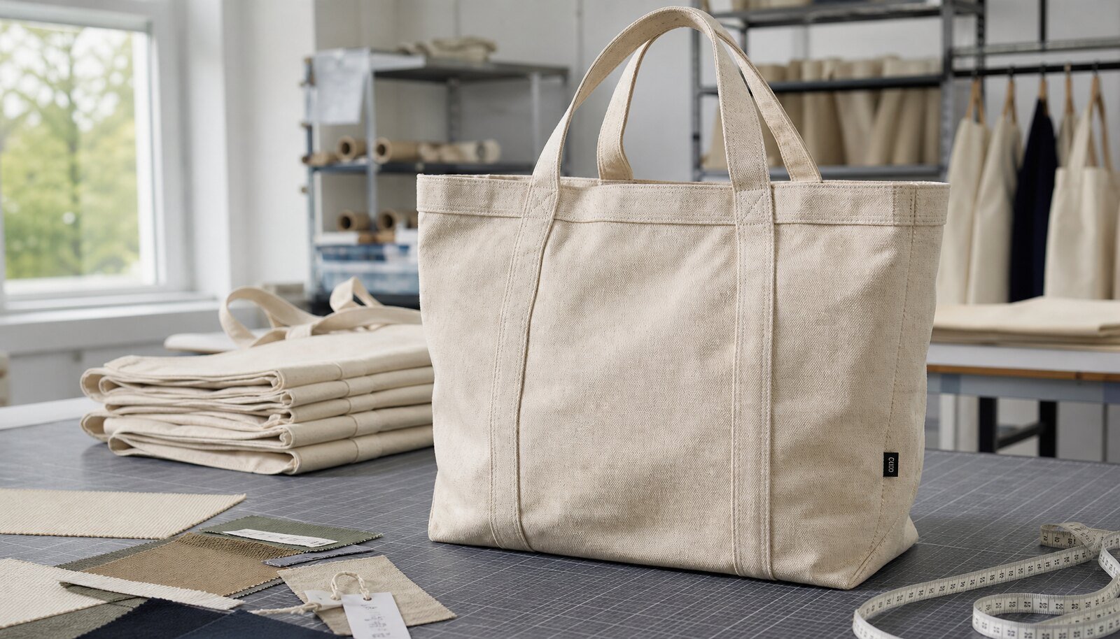 Heavy canvas tote bag with a sewn CTM/CottonToMaker side label in a factory sample room