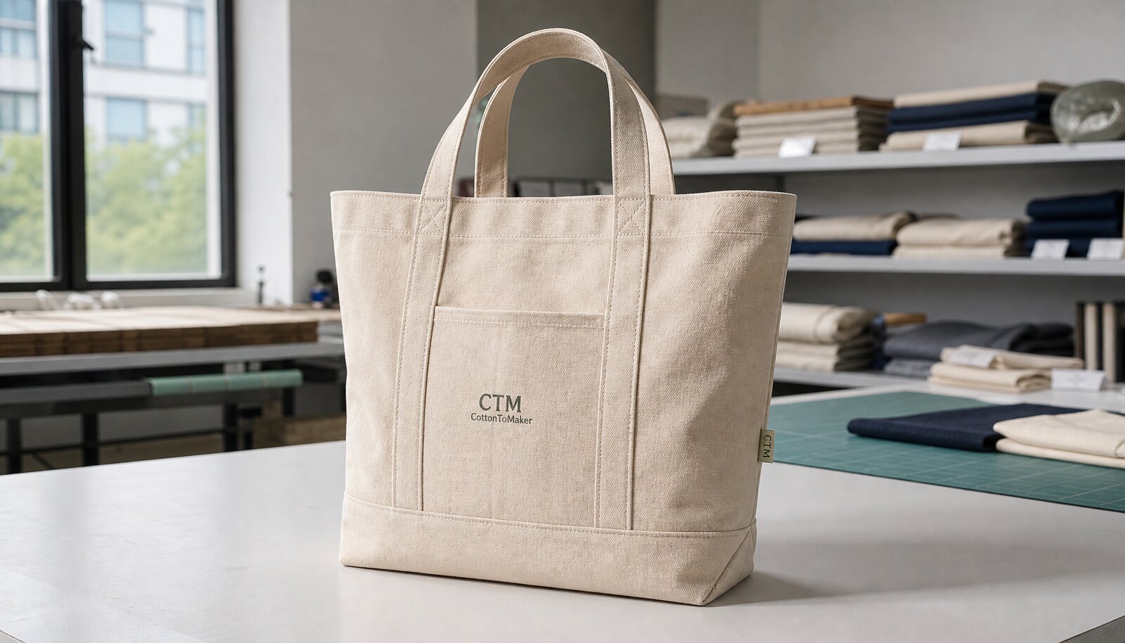 Heavy canvas tote bag with a simple CTM/CottonToMaker sample logo printed on the front in a clean factory sample room.