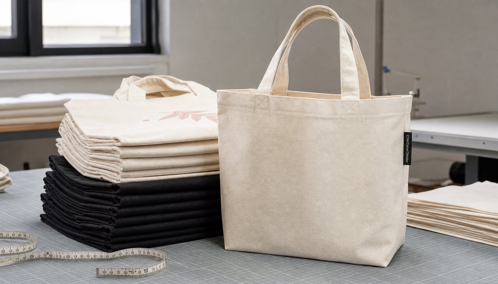Heavy canvas tote bags with a small CTM side label displayed in a factory sample room