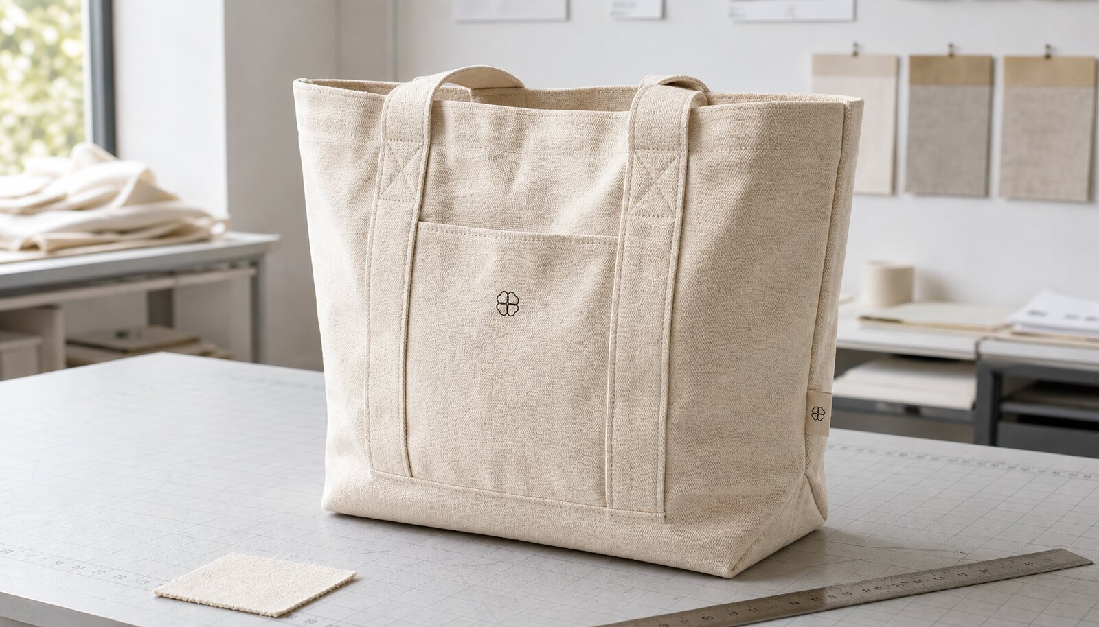 Heavy canvas tote bag with a simple CTM/CottonToMaker logo printed directly on the bag in a factory sample room