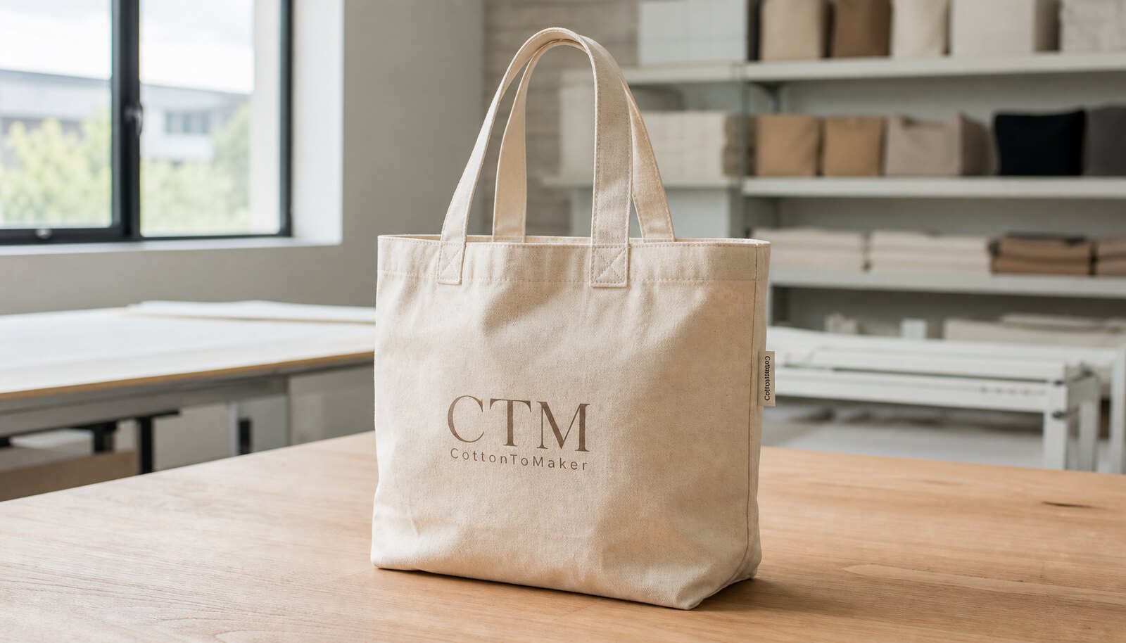 Heavy canvas tote bag with a simple CTM CottonToMaker logo printed on it in a factory sample room