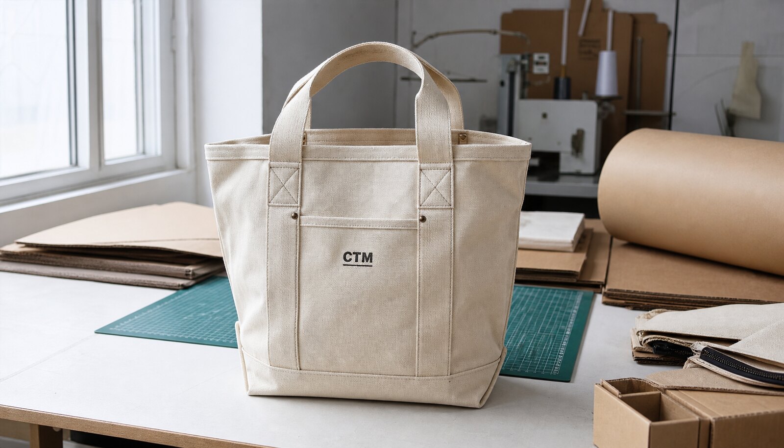Heavy canvas tote bag with a simple CTM logo printed on the front, shown in a clean factory sample room