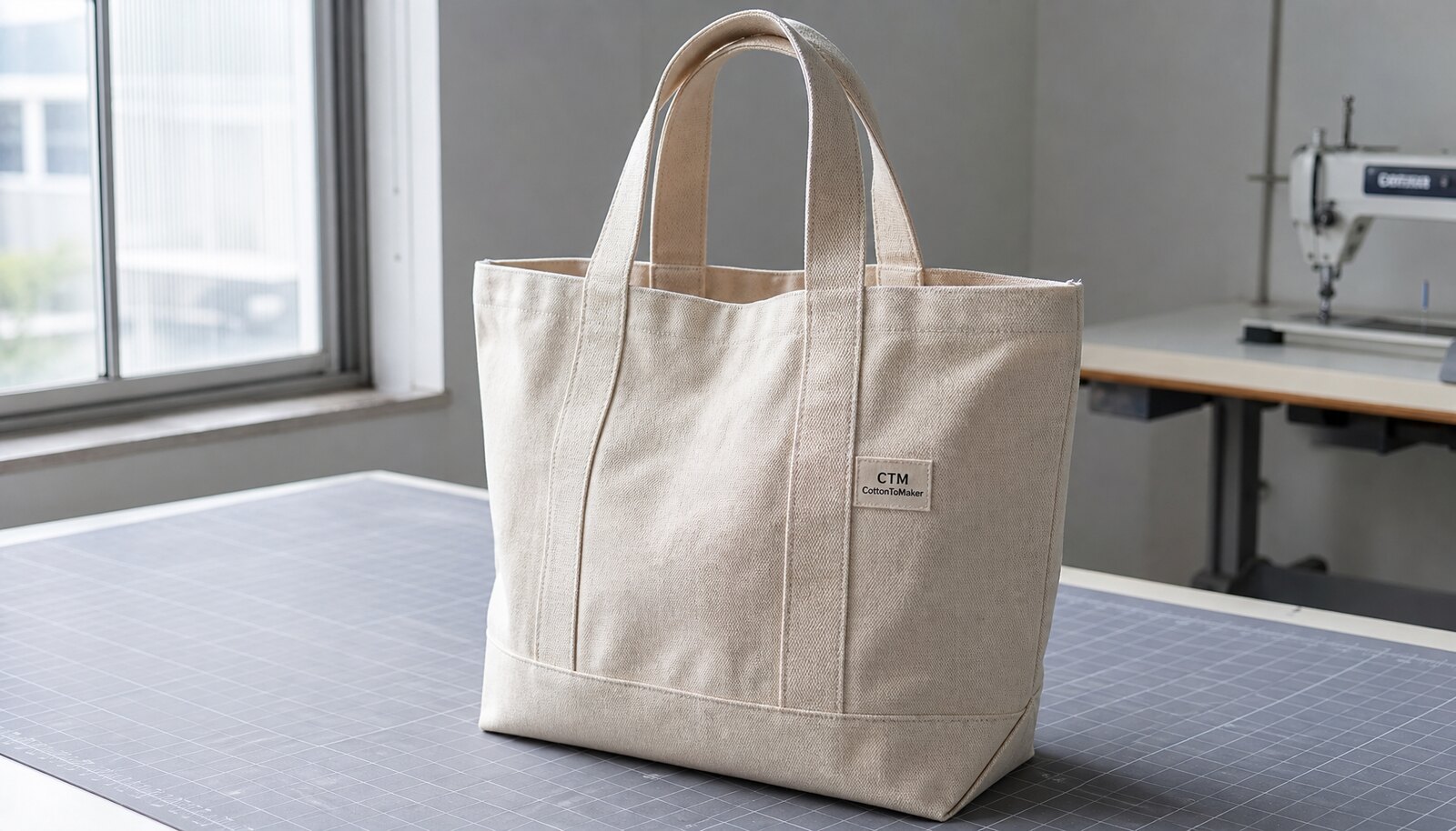 Heavy canvas tote bag with a small CTM/CottonToMaker logo shown in a clean factory sample room