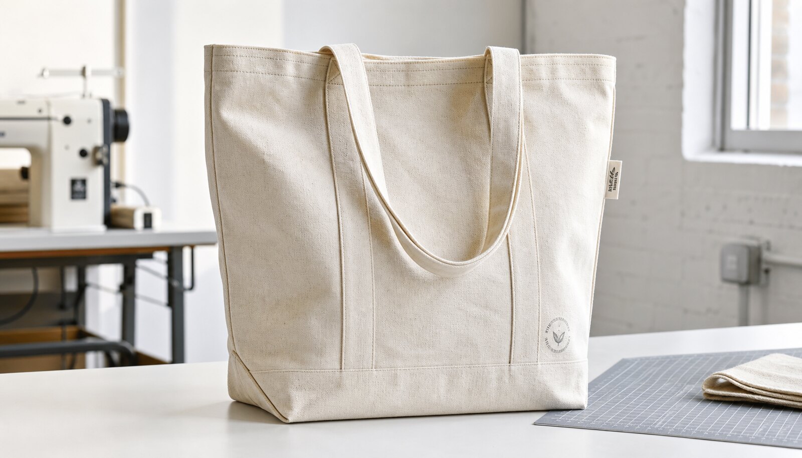 Heavy canvas tote bag sample with reinforced seams and side label in a clean factory sample room