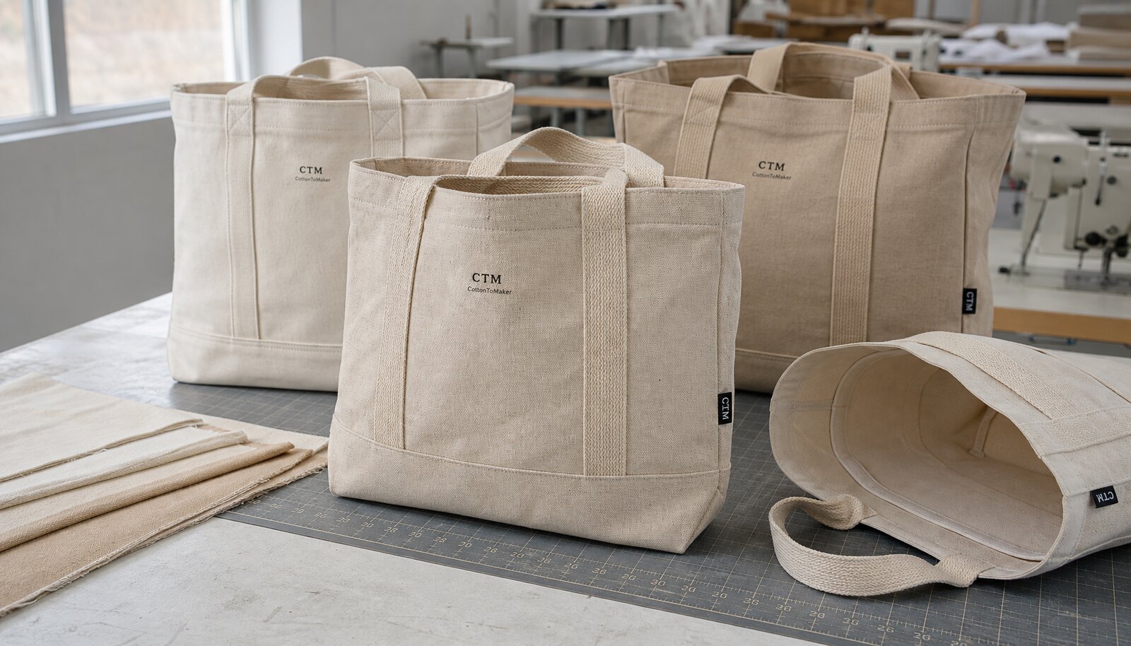 Heavy canvas tote bags with CTM/CottonToMaker sample logo in a factory sample room