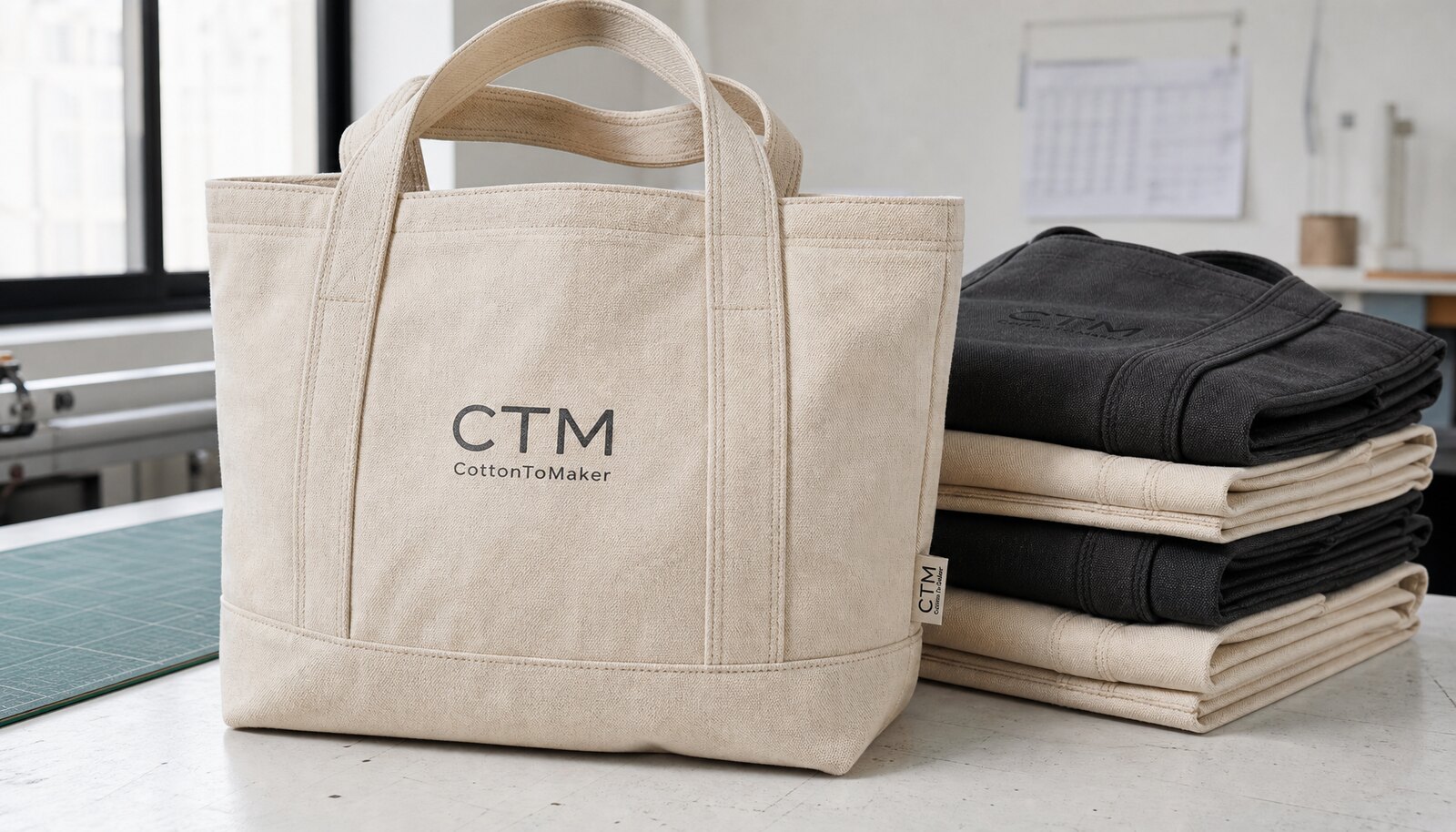 Heavy canvas tote bags with a small CTM CottonToMaker logo, shown in a clean factory sample room