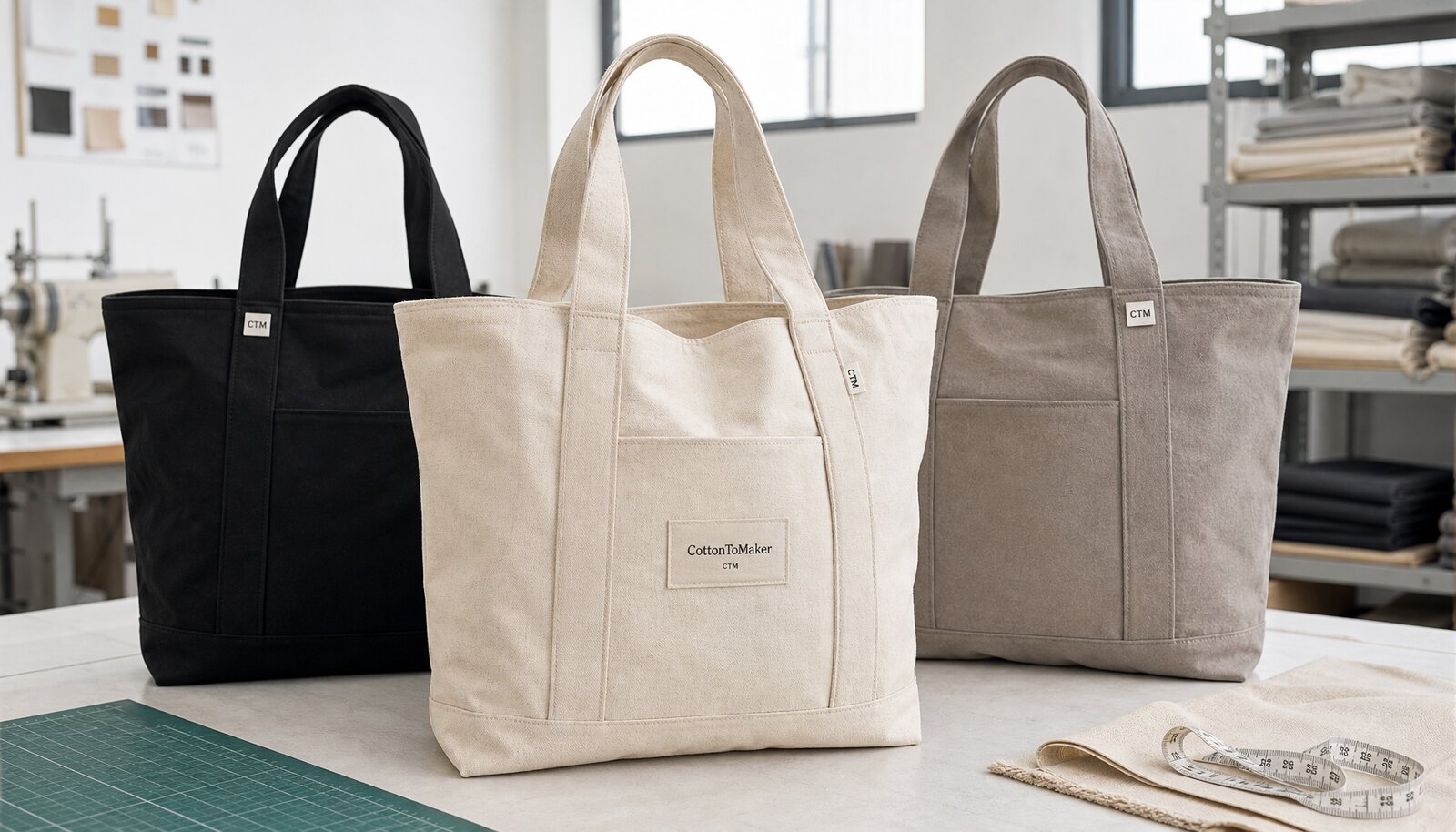 Heavy canvas tote bags with a simple CottonToMaker sample logo shown in a clean factory sample room