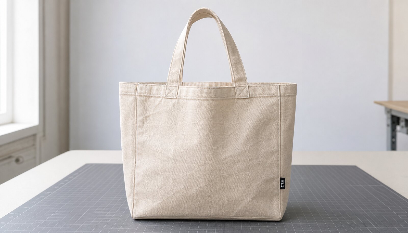 Heavy canvas tote bag sample with a small CTM logo in a clean factory sample room