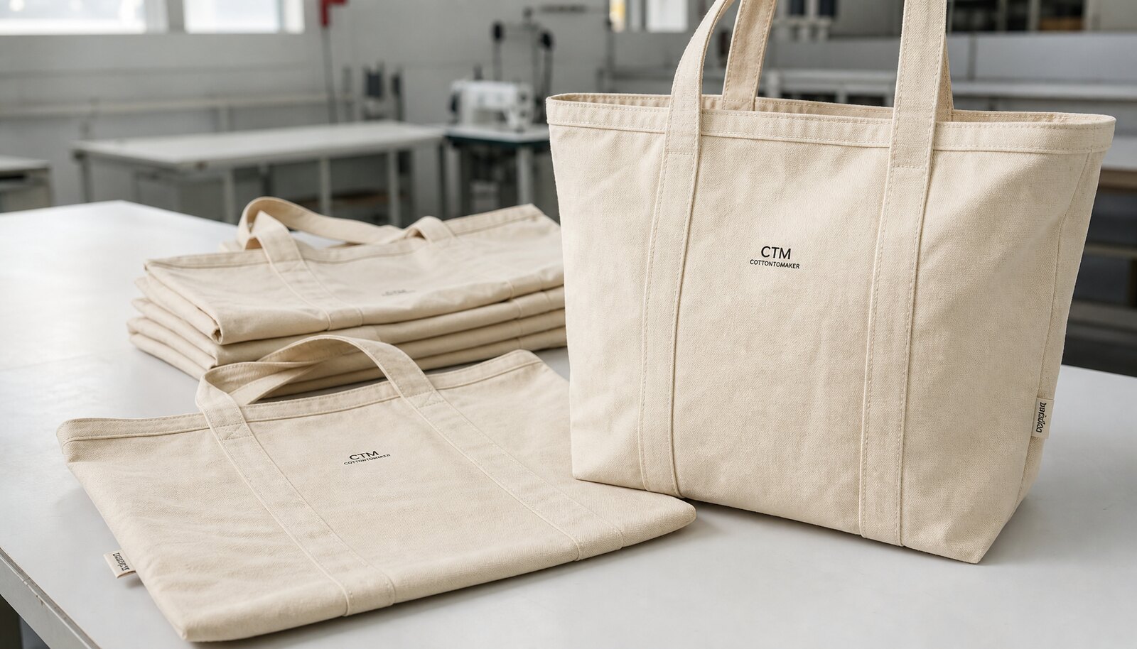Heavy canvas tote bags for hotels in a sample room with a small CTM logo printed on the bag