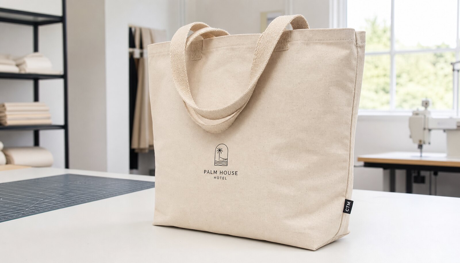 Heavy canvas tote bag with a simple CTM CottonToMaker sample logo printed in a clean factory sample room