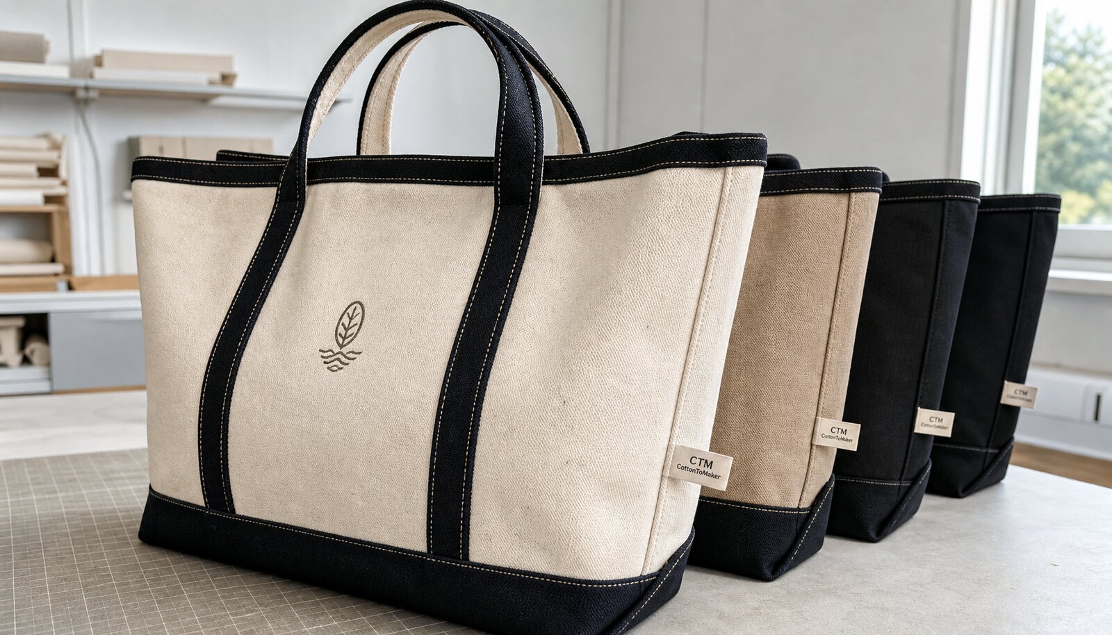 Heavy canvas tote bags for hotels with a CTM CottonToMaker side label in a factory sample room