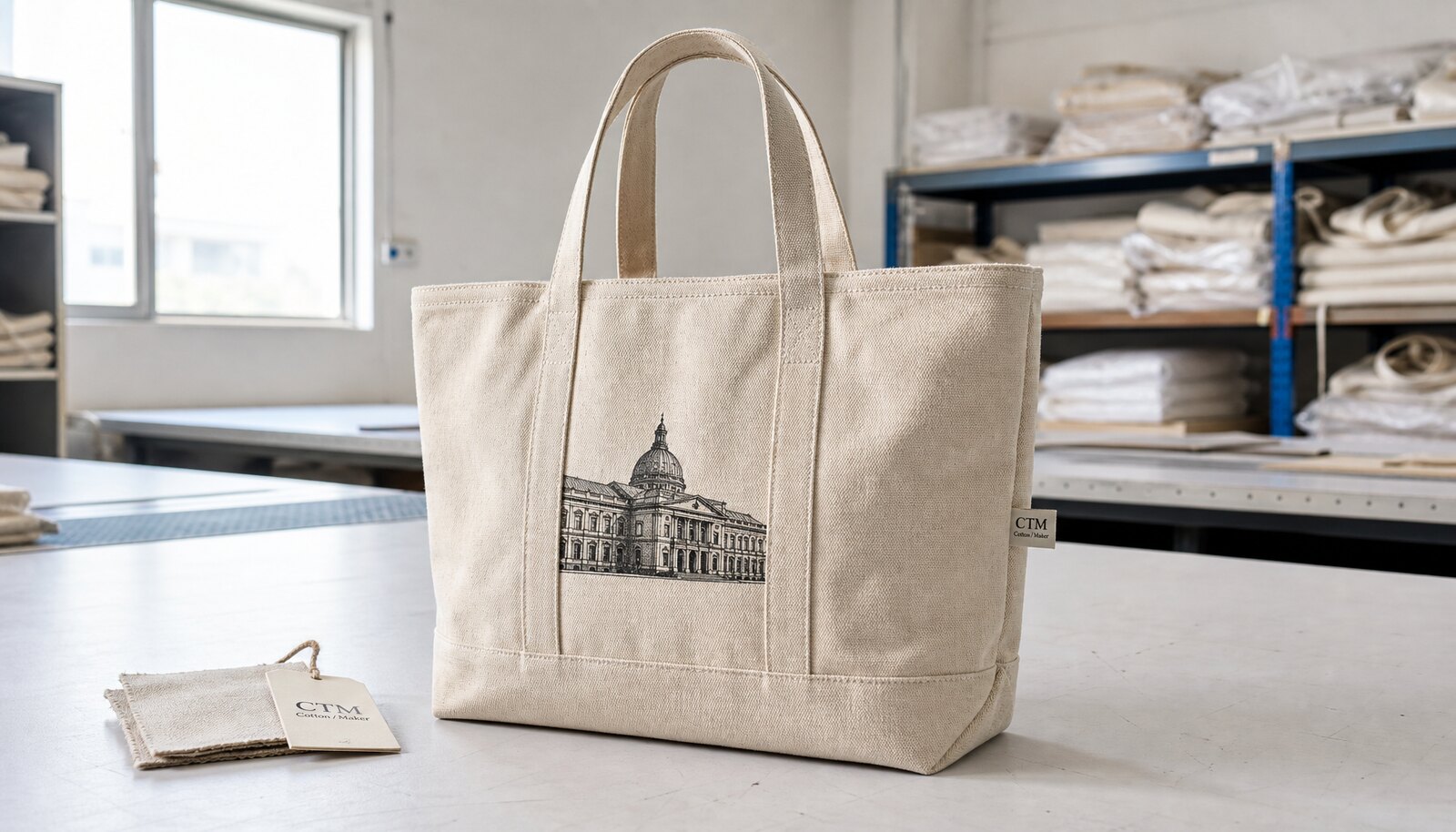 Heavy canvas tote bag with a small CottonToMaker sample logo shown in a factory sample room