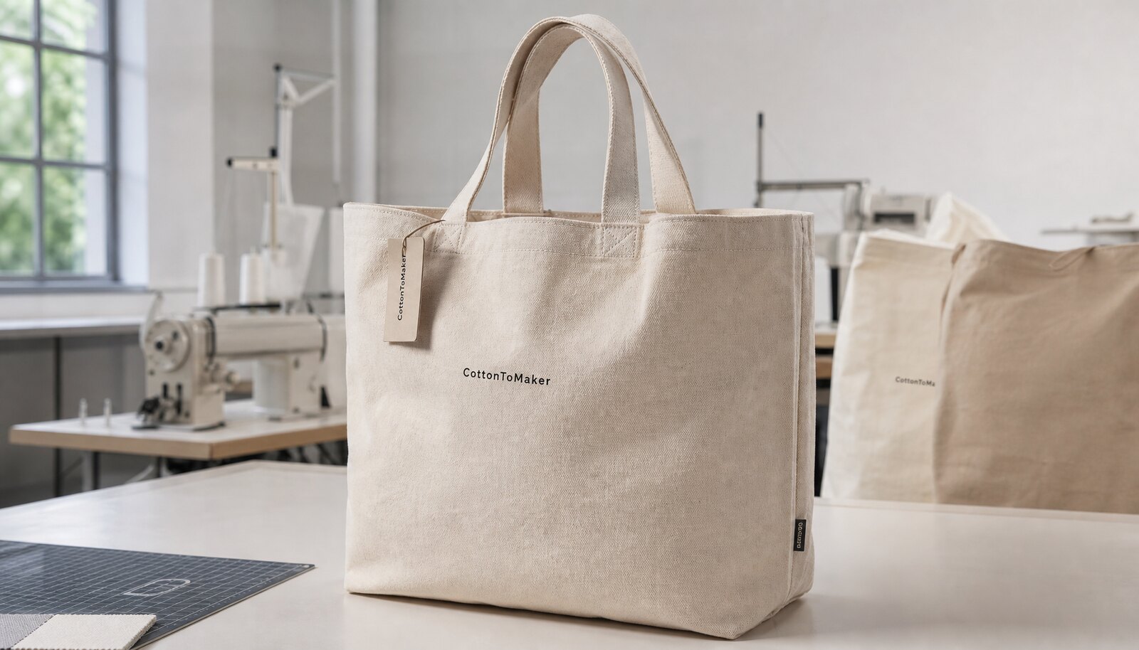Heavy natural canvas museum tote bag with a simple sample logo printed on the front in a factory sample room