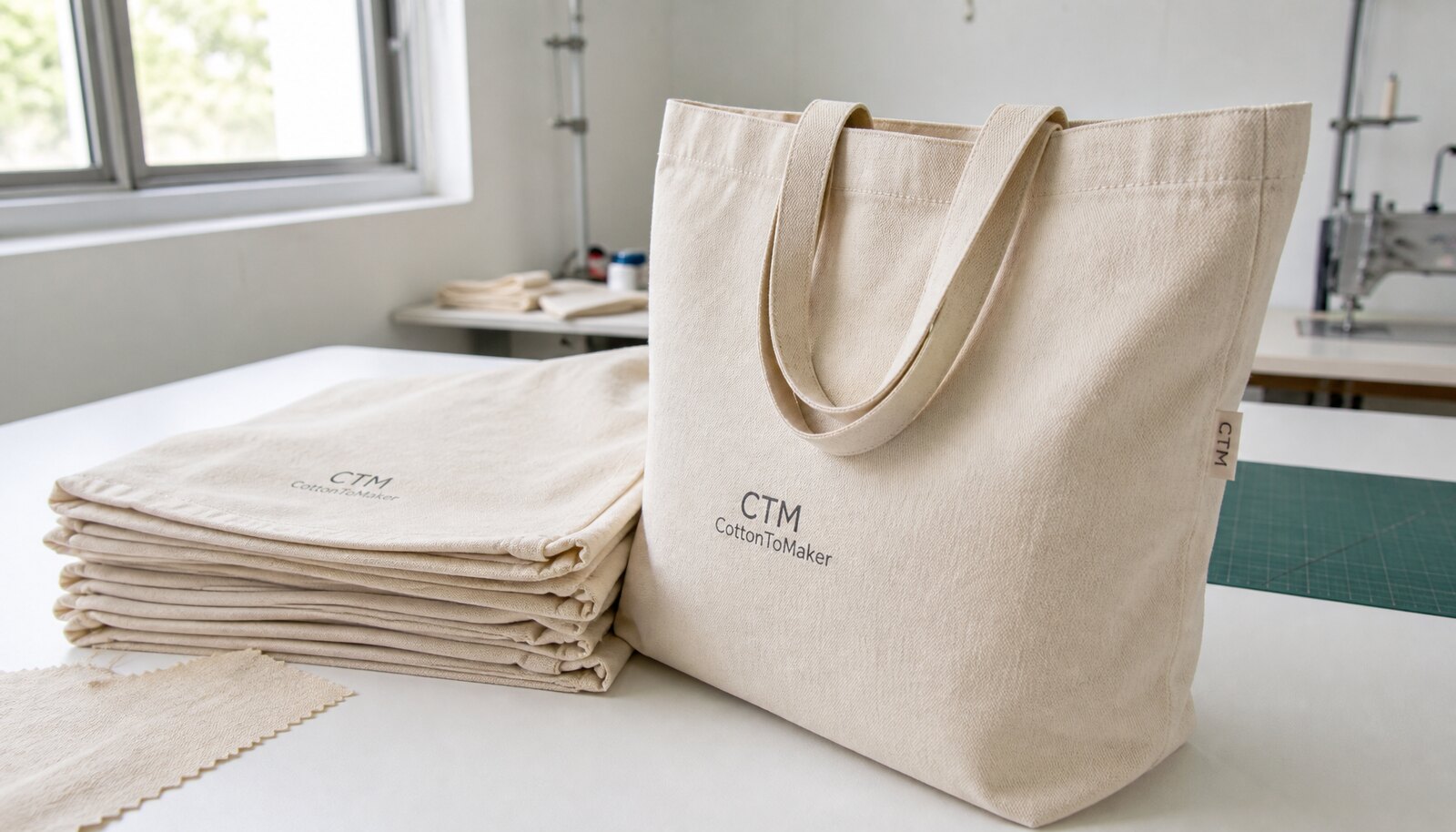 Heavy natural canvas tote bags with a simple CTM sample logo shown in a factory sample room