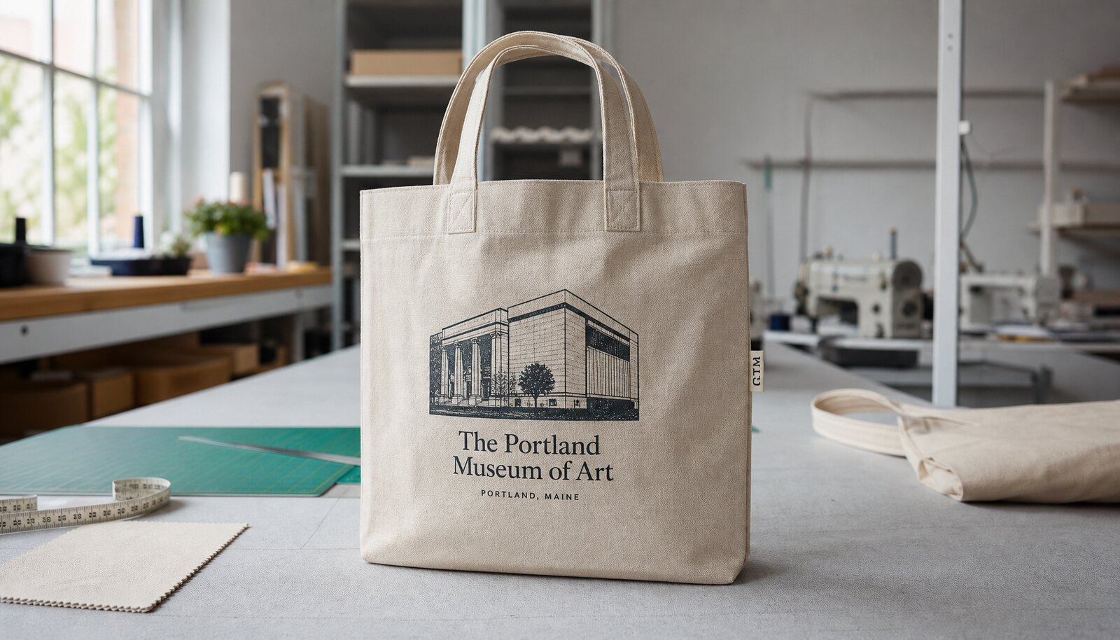Heavy canvas tote bag with a simple CTM CottonToMaker sample logo in a factory sample room