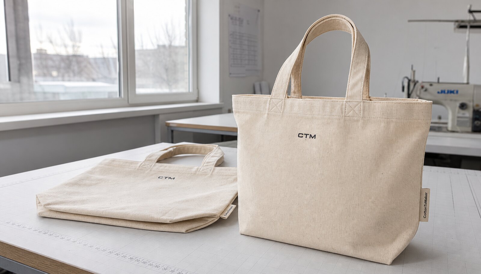 Heavy canvas tote bags with CTM logo and side label in a factory sample room