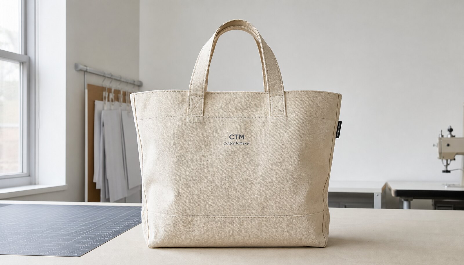 Heavy canvas tote bag sample with a small CTM logo printed on the front in a factory sample room