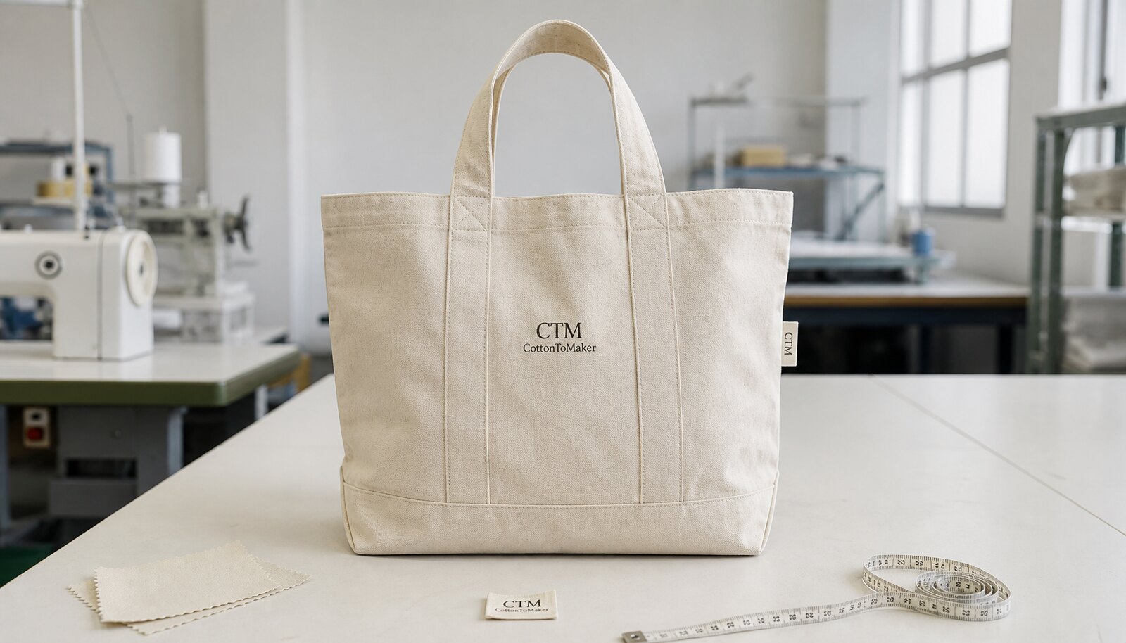 Heavy natural canvas tote bag with a simple CTM sample logo shown in a clean factory sample room