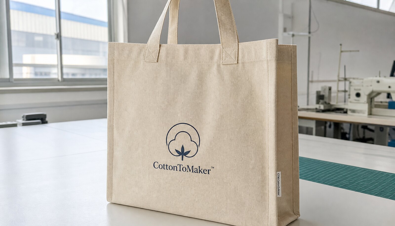 Heavy canvas tote bag with a sewn CTM CottonToMaker side label in a clean factory sample room