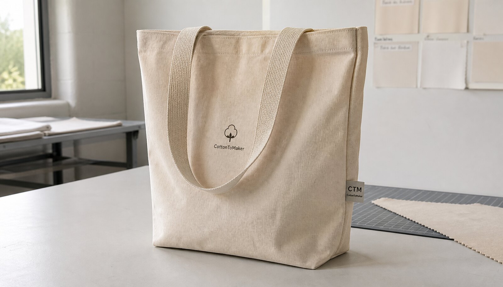 Heavy canvas tote bag for schools with a simple CTM/CottonToMaker sample logo shown in a clean factory sample room