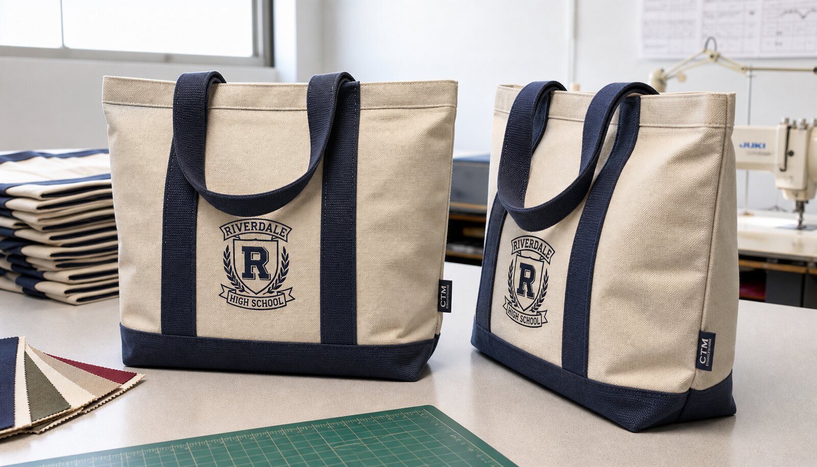 Heavy canvas tote bags for schools with a stitched CTM sample label in a factory sample room