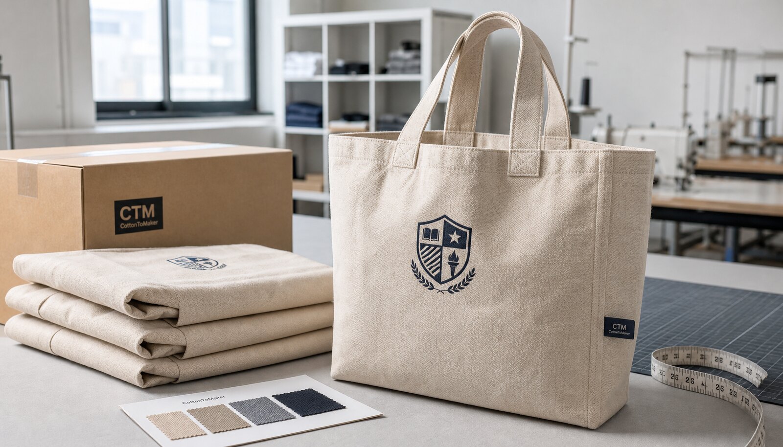 Heavy canvas tote bag for school procurement displayed in a factory sample room with a CTM side label and printed logo