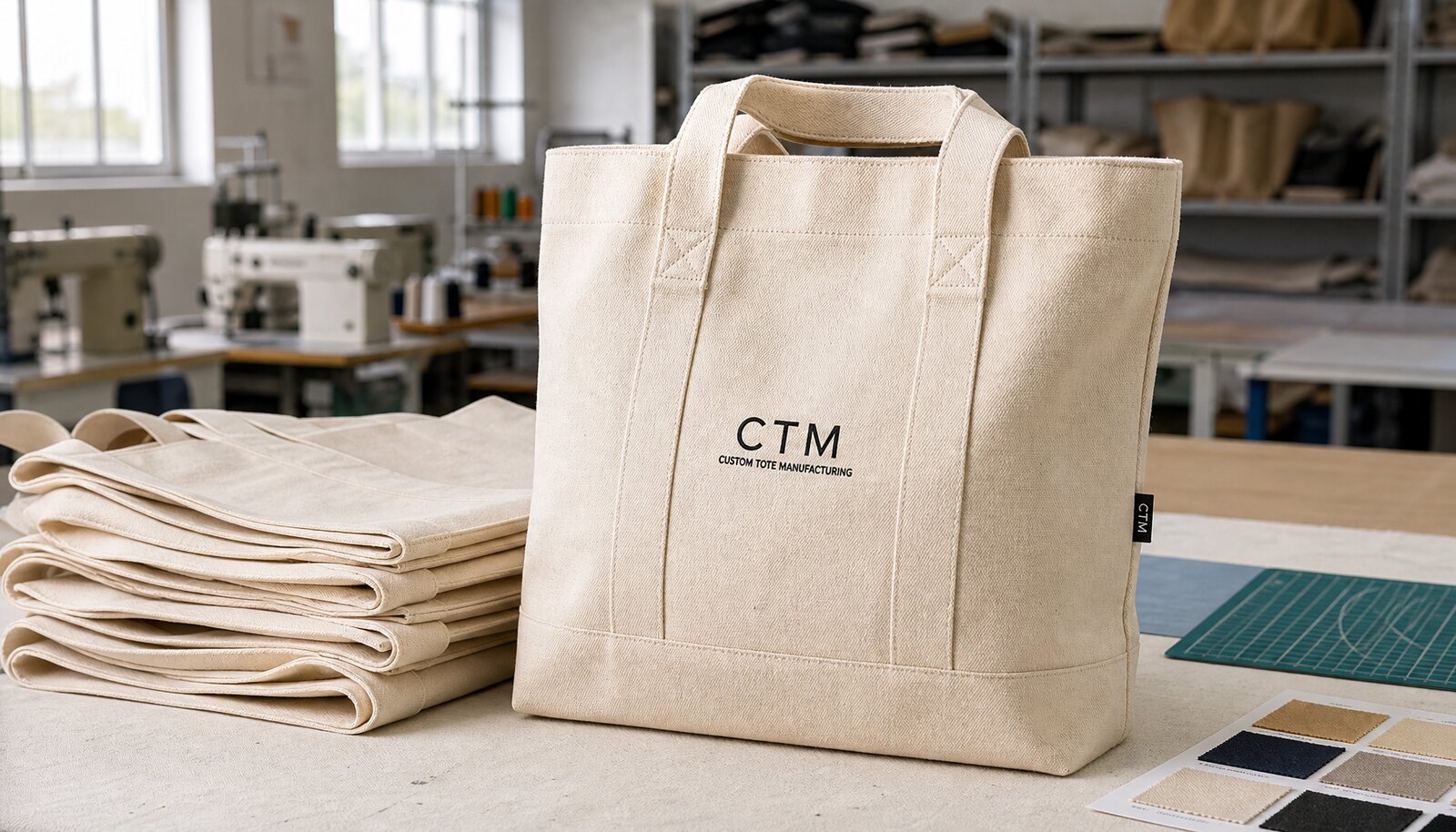 Heavy canvas tote bag for schools with a simple CTM sample logo printed on the front in a factory sample room