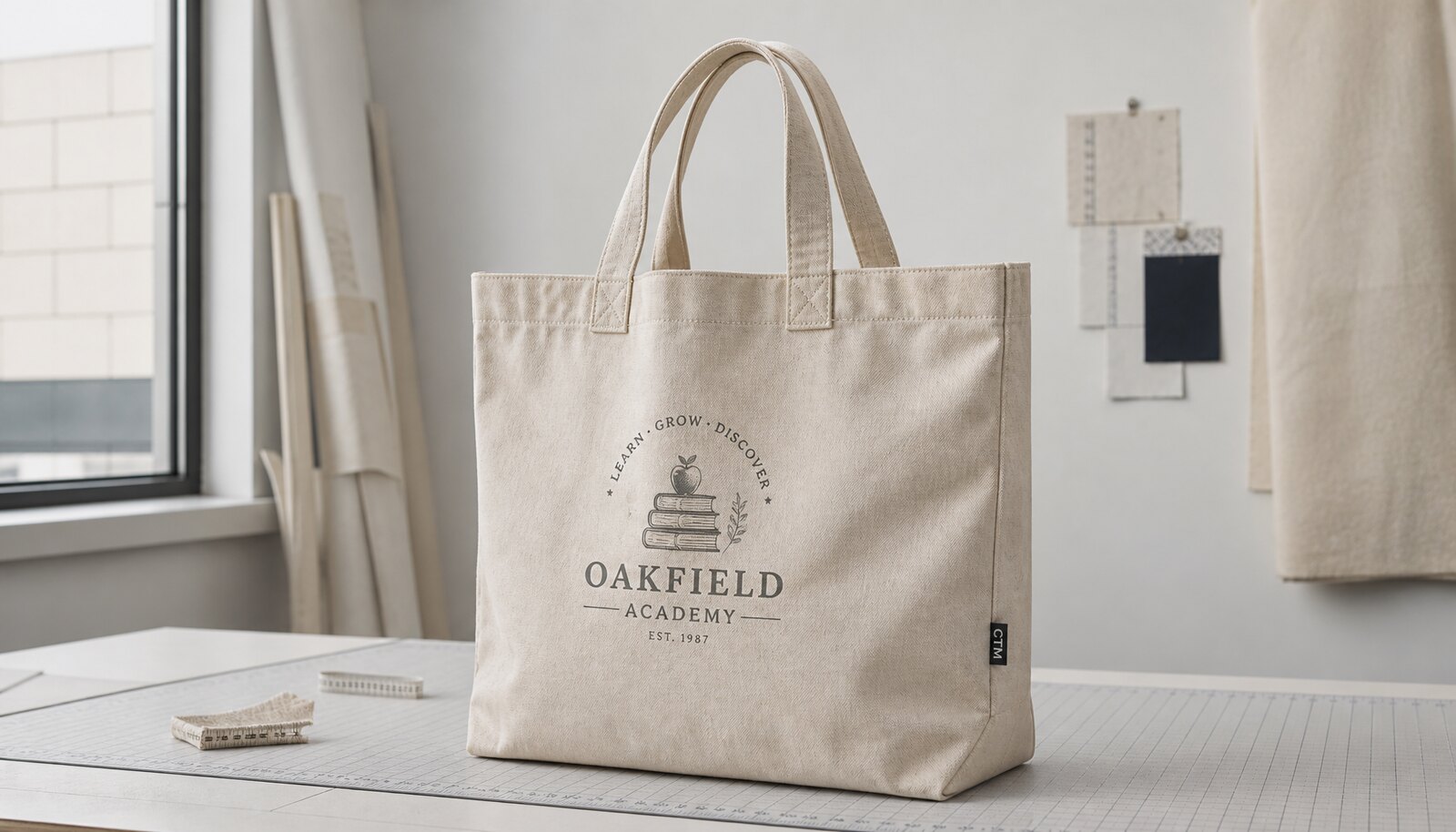 Heavy canvas tote bag with a small CTM CottonToMaker side label shown in a clean factory sample room