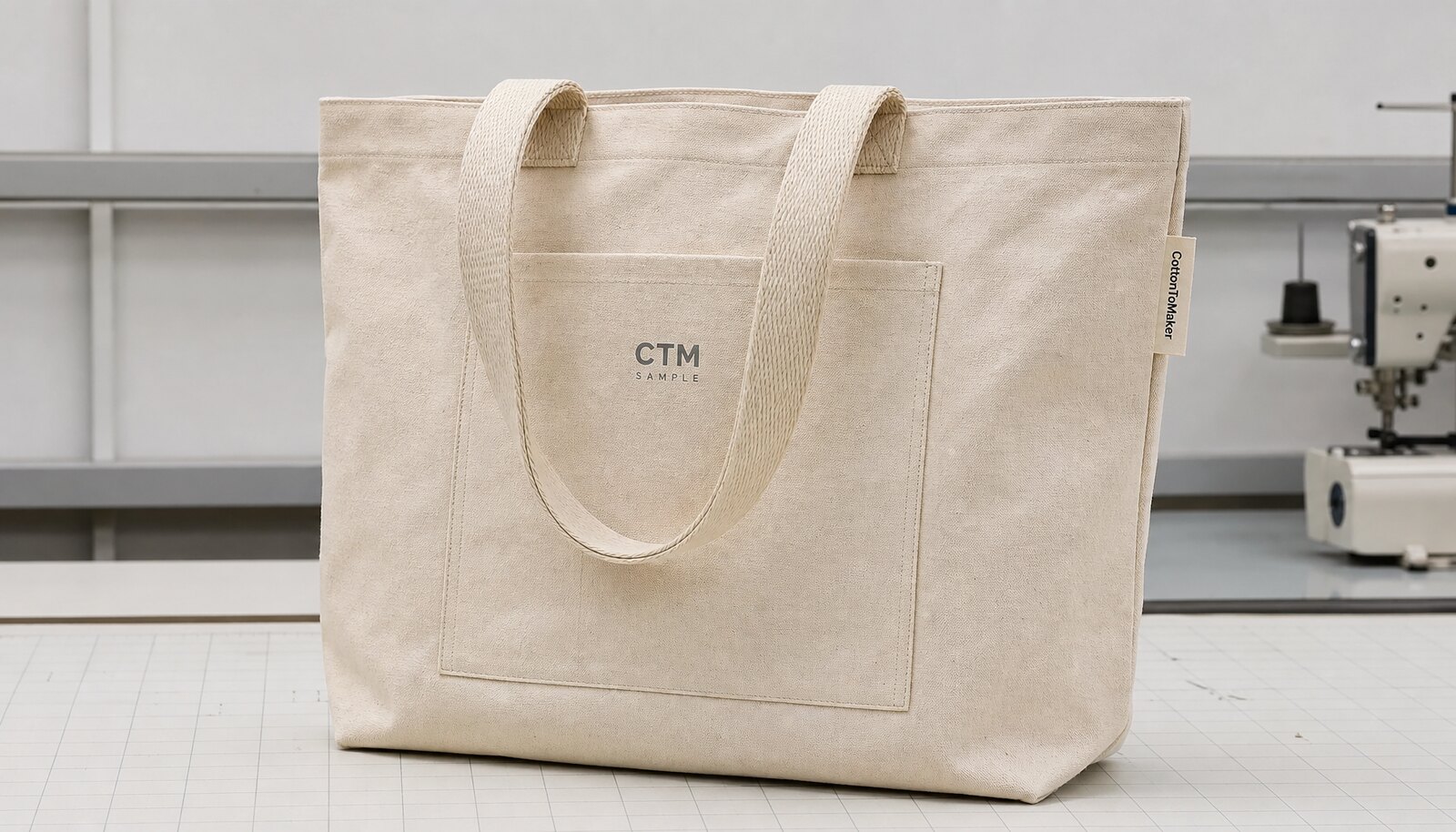 Heavy canvas tote bag with a simple CTM sample logo in a factory sample room