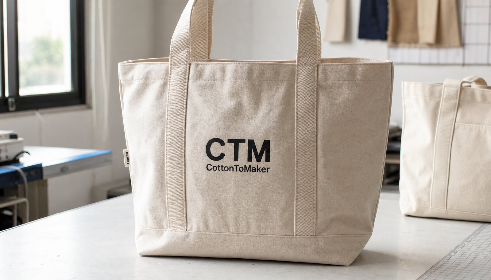 Heavy canvas tote bag with a simple CTM sample logo printed directly on the front, photographed in a clean factory sample room.