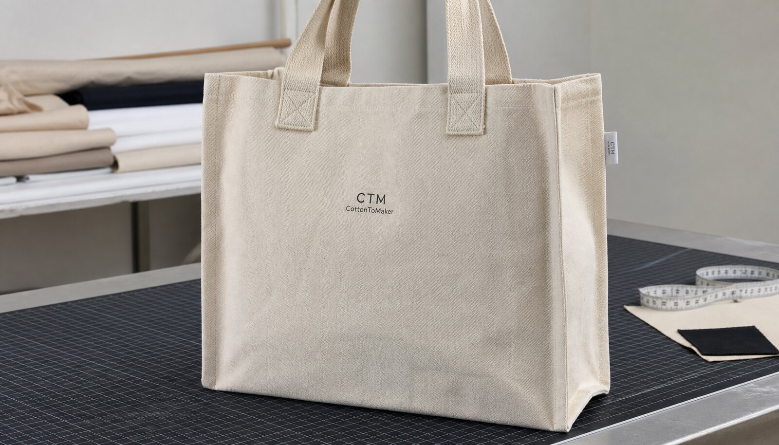 Heavy canvas tote bag with a small CTM logo shown in a clean factory sample room