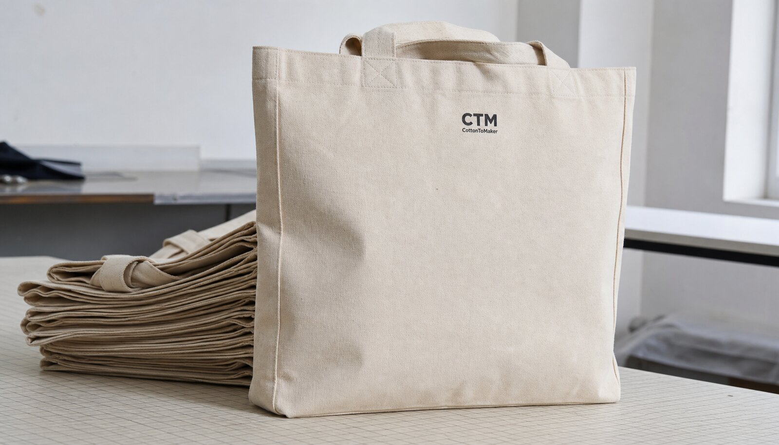 Heavy canvas tote bag with a small CTM CottonToMaker logo printed in a clean factory sample room