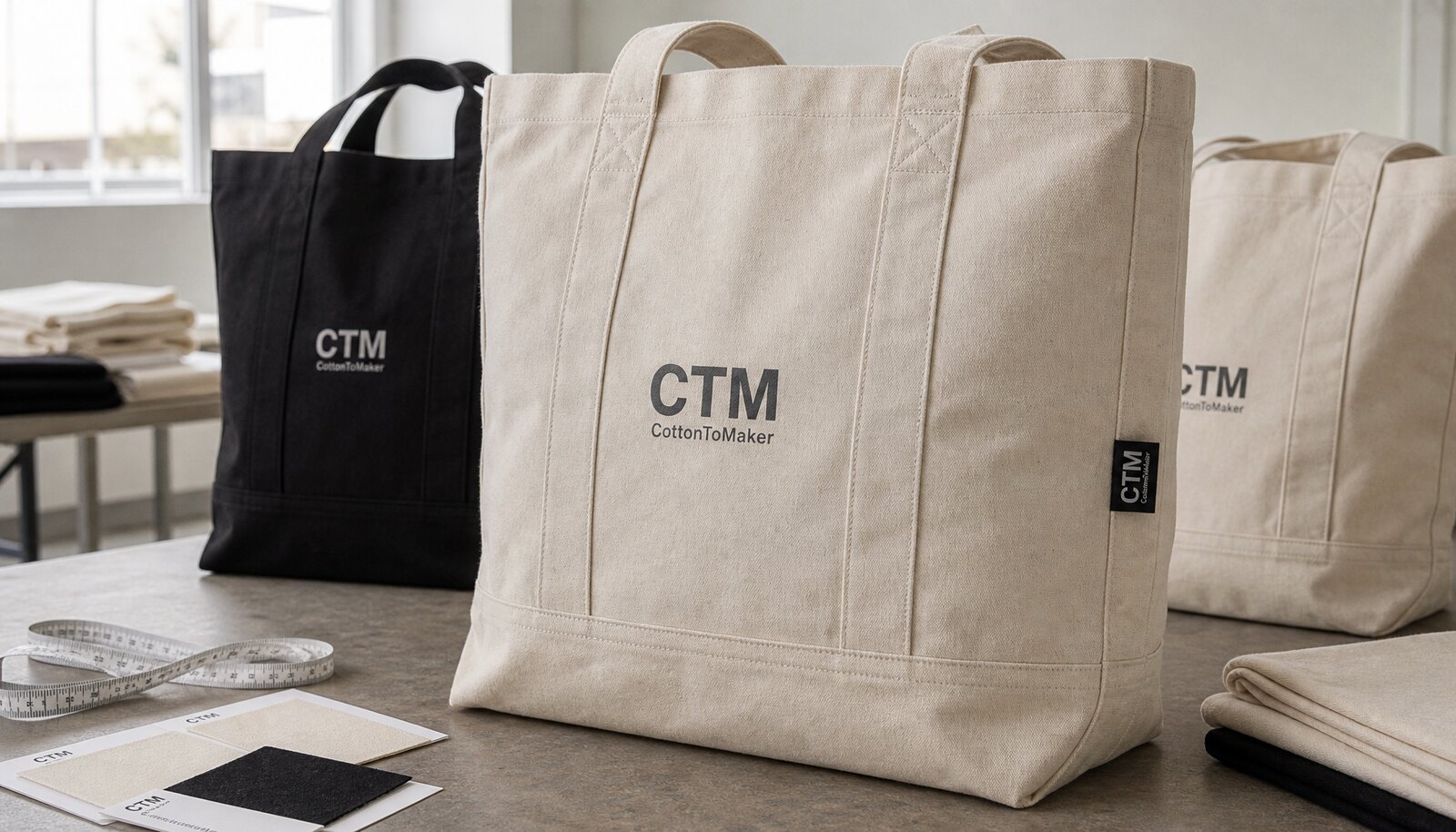 Heavy canvas tote bags with a simple CTM logo in a factory sample room