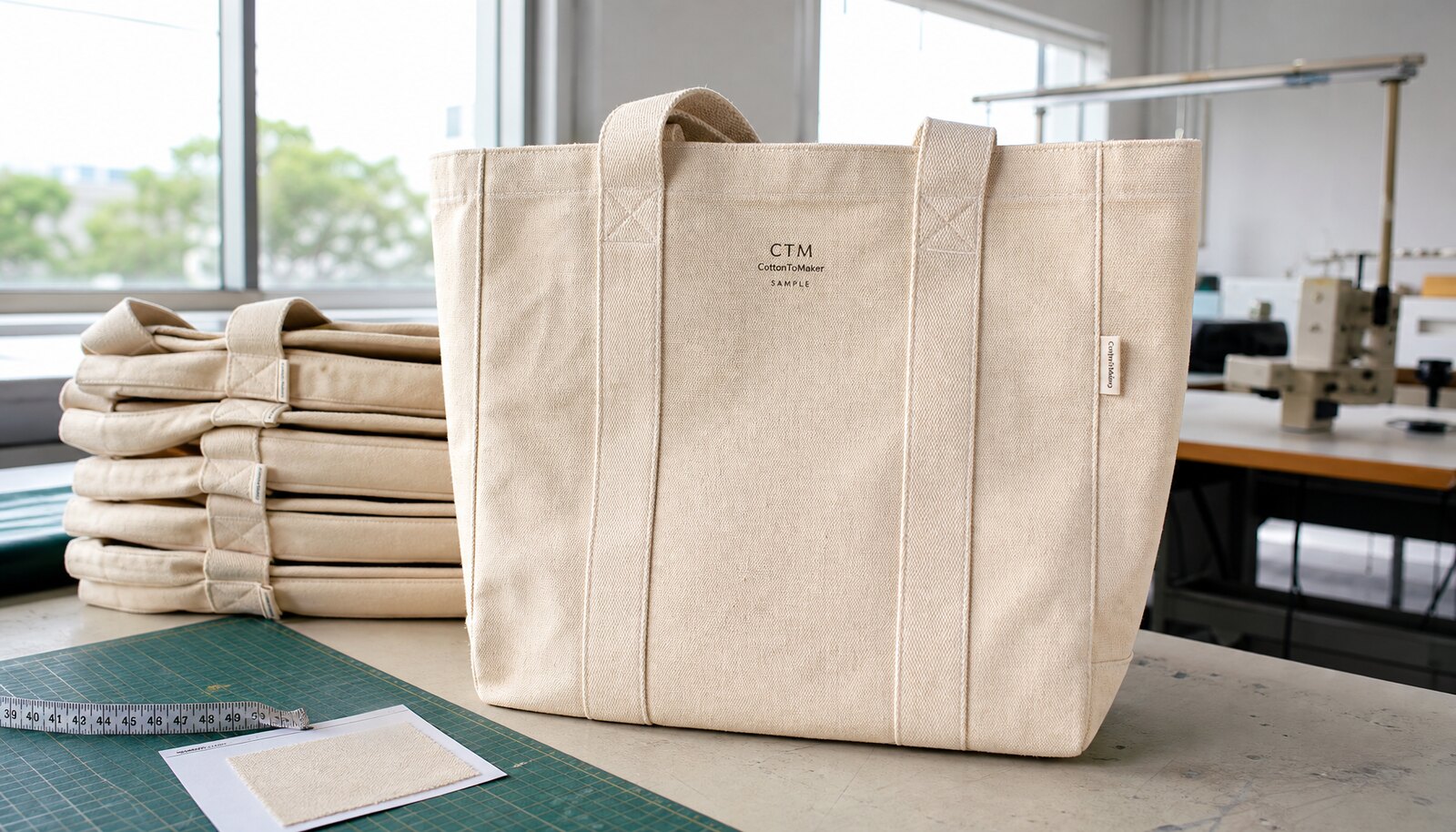 Heavy canvas tote bags with a simple CTM sample logo in a factory sample room