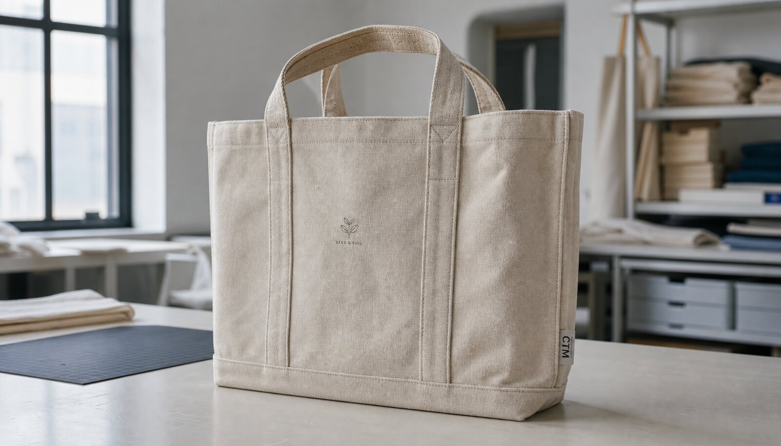 Heavy canvas tote bag with a small CTM CottonToMaker side label in a clean factory sample room