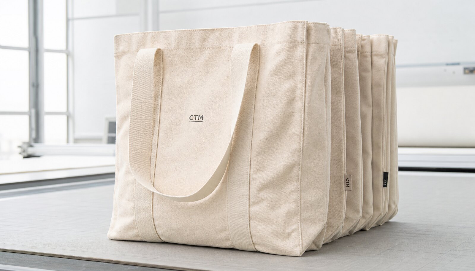 Heavy canvas tote bag with a small CTM logo, shown in a clean factory sample room
