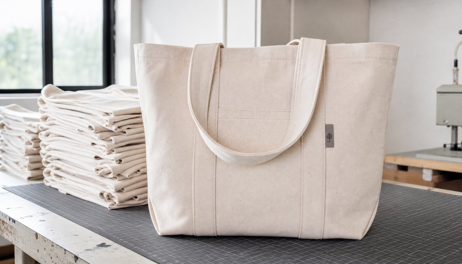 Heavy canvas tote bags with a simple CTM CottonToMaker side label in a clean factory sample room
