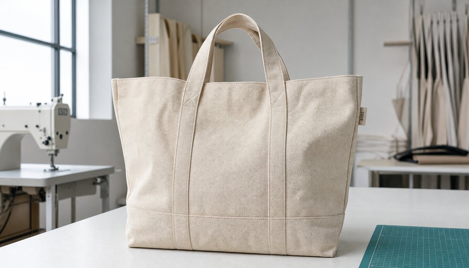 Heavy canvas tote bag with a stitched CottonToMaker side label displayed in a clean factory sample room