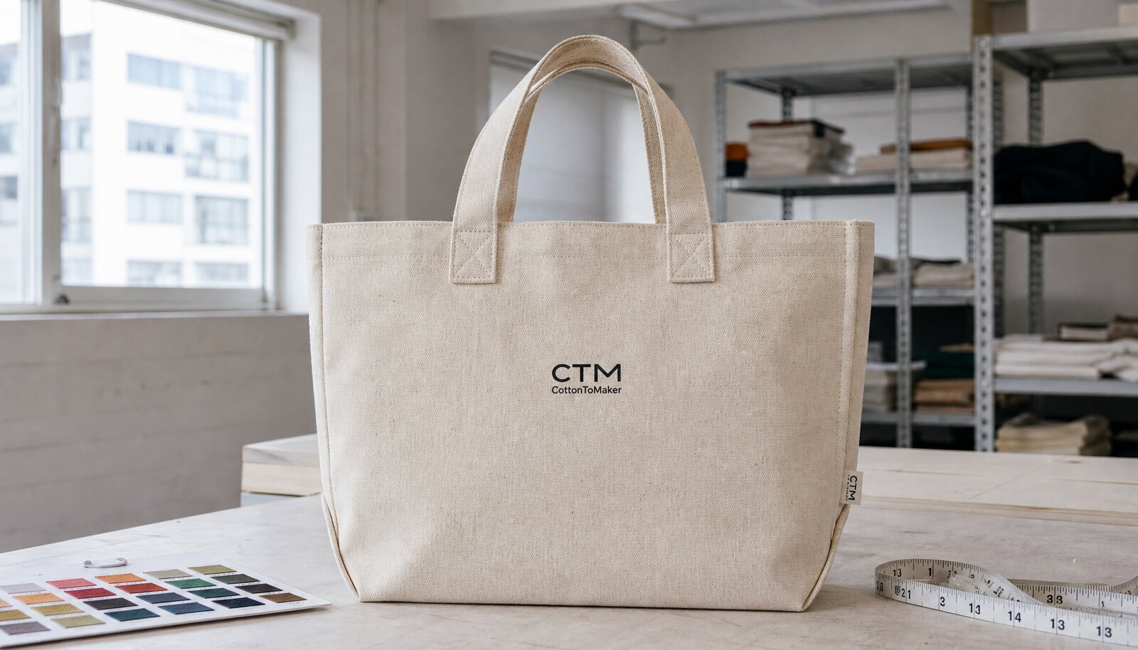 Heavy canvas tote bag with a small CTM logo printed on the front in a factory sample room.