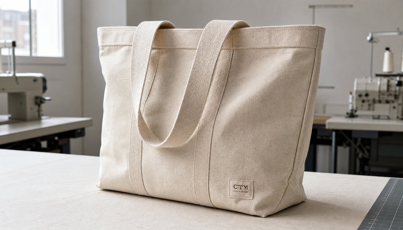 Heavy natural canvas tote bag with reinforced handles in a clean sample room.